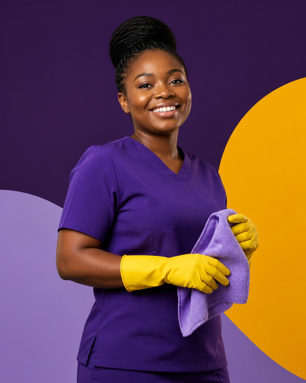 Smiling Spaclean cleaning professional in a purple uniform and yellow gloves